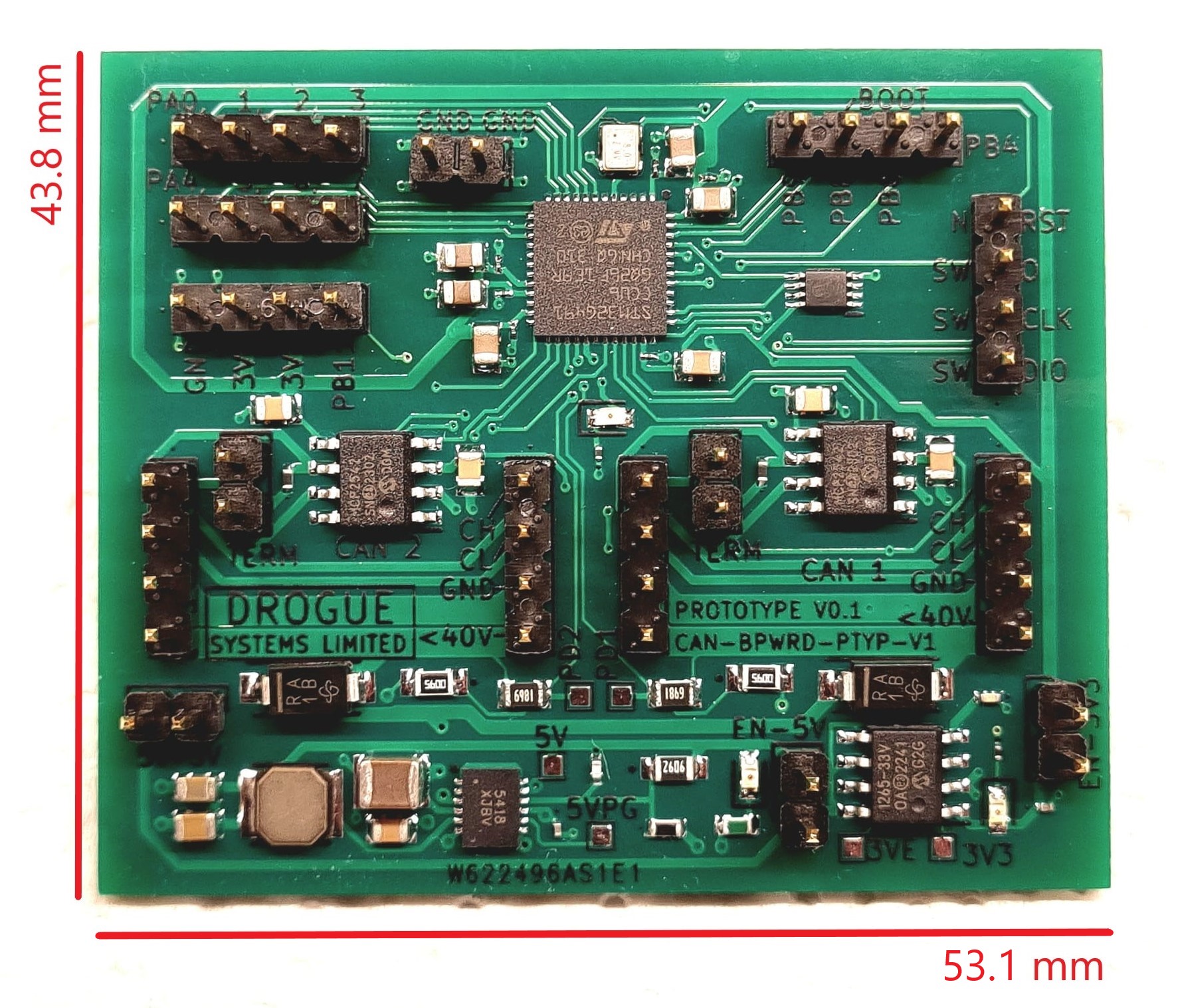 CAN-BPWRD Development Board with annotated dimensions